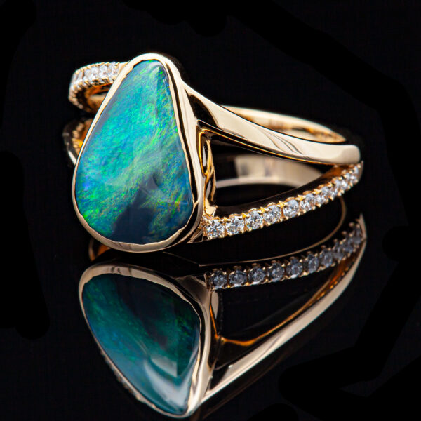 Australian Black Opal Ring with Diamond Split Shank Band in Yellow Gold by World Treasure Designs