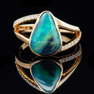 Australian Blue Green Aqua Black Opal Ring with Diamond Split Shank Band in Yellow Gold by World Treasure Designs