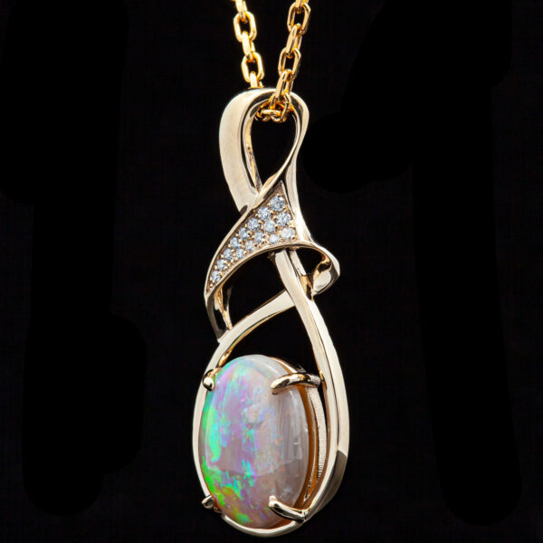 Australian Fossil Shell Opal Necklace with Diamonds in Yellow Gold by World Treasure Designs