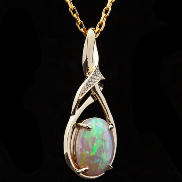 Australian Fossilized Pippi Shell Opal and Diamond Necklace in Yellow Gold by World Treasure Designs