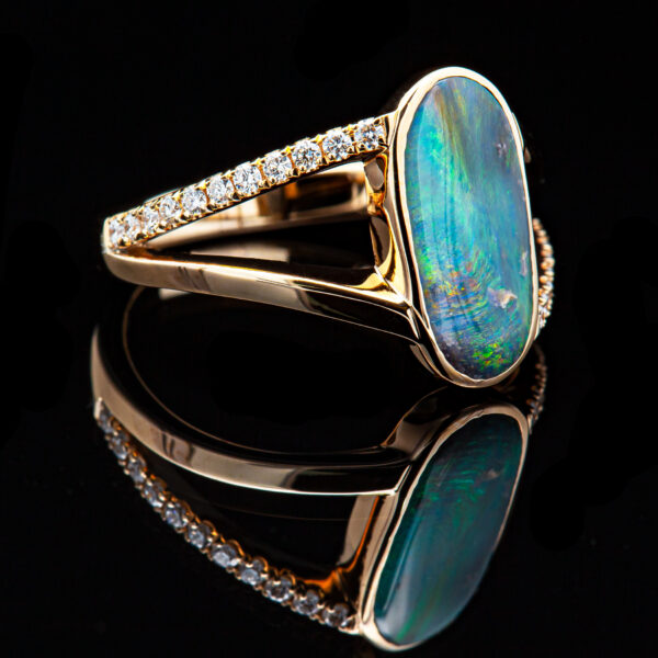 Australian Semi-Black Opal Ring with Diamonds in Yellow Gold by World Treasure Designs