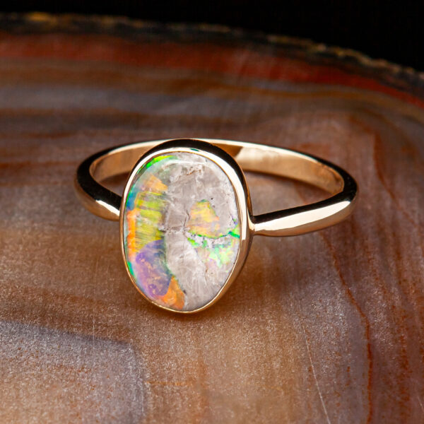 Bezel Set Australian Black Crystal Opal Ring in Yellow Gold by World Treasure Designs