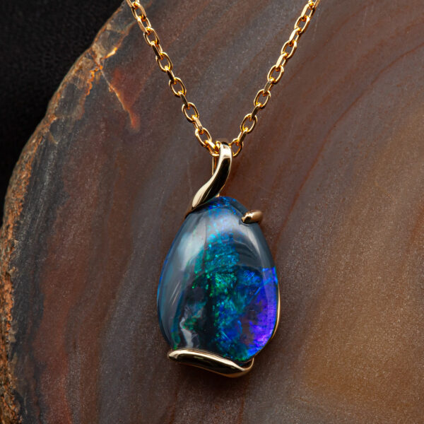 Blue Australian Black Opal Necklace in Yellow Gold by World Treasure Designs