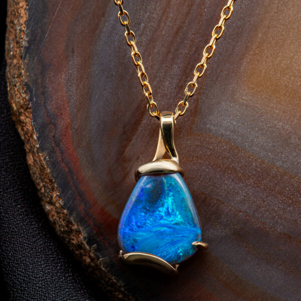 Blue Australian Semi-Black Opal Pendant with Gold Accent Set in Yellow Gold by World Treasure Designs
