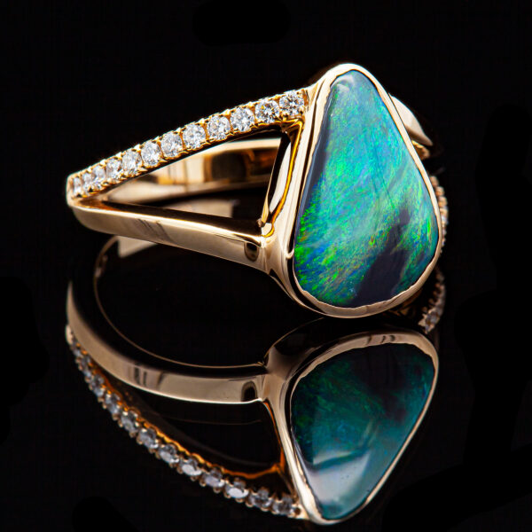 Blue Green Aqua Australian Black Opal Ring with Diamonds in Yellow Gold by World Treasure Designs
