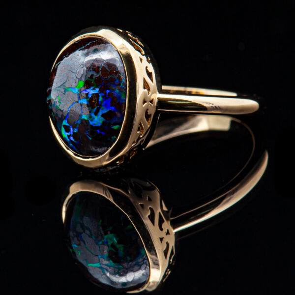 Blue-Green Australian Boulder Matrix Opal Ring in Yellow Gold by World Treasure Designs