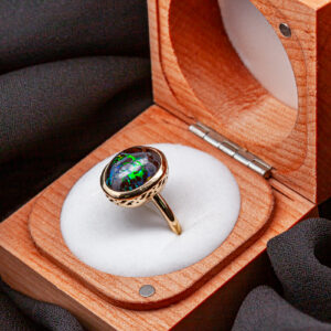 Blue-Green Australian Boulder Opal Bezel Set Ring in Yellow Gold by World Treasure Designs