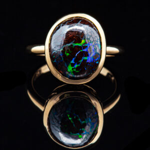 Blue-Green Australian Boulder Opal Ring Bezel Set in Yellow Gold by World Treasure Designs