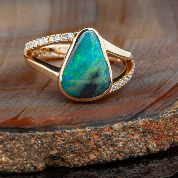 Diamond and Australian Black Opal Ring in Yellow Gold by World Treasure Designs