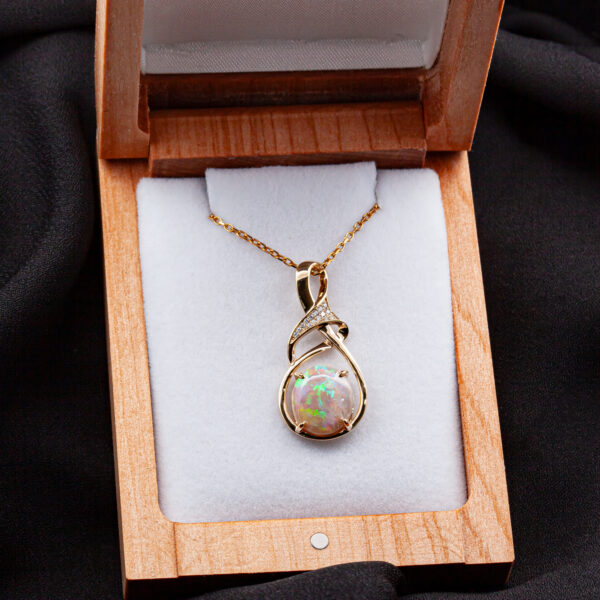 Diamond and Australian Fossil Pippi Shell Opal Necklace in Yellow Gold by World Treasure Designs