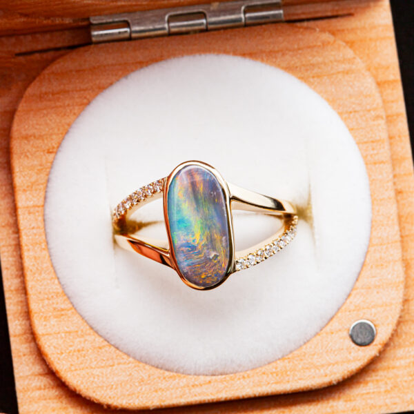 Diamond and Australian Semi-Black Opal Ring in Yellow Gold by World Treasure Designs