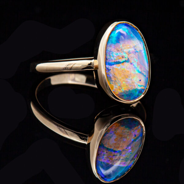 Fluorescent Australian Black Opal Ring in Yellow Gold by World Treasure Designs