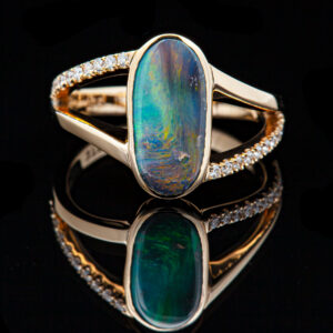 Multicoloured Australian Semi-Black Opal Ring in Yellow Gold with Diamonds by World Treasure Designs