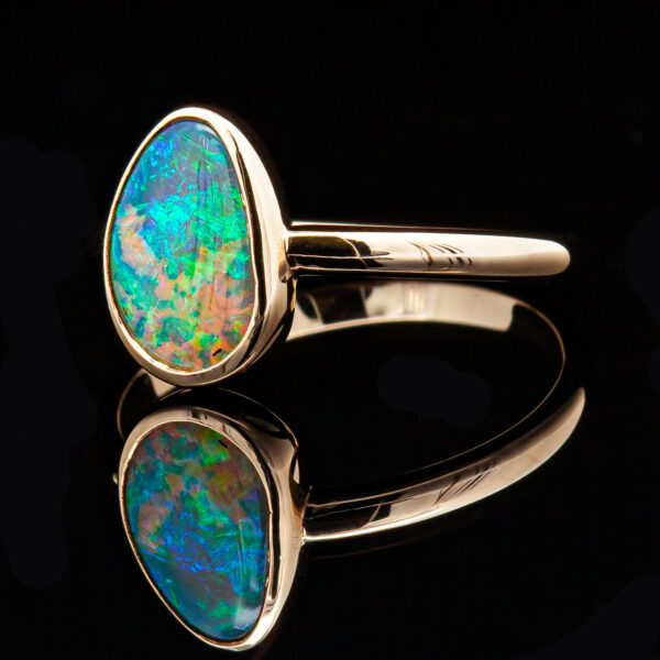 Rainbow Australian Crystal Opal Ring Bezel Set in Yellow Gold by World Treasure Designs
