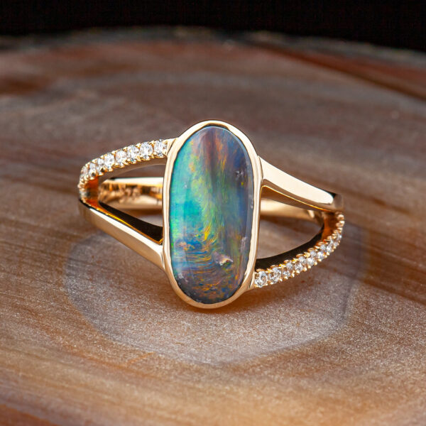 Split Shank Australian Semi-Black Opal Ring in Yellow Gold by World Treasure Designs