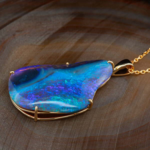 Blue-Purple Australian Fossil Opal Pendant in Yellow Gold by World Treasure Designs