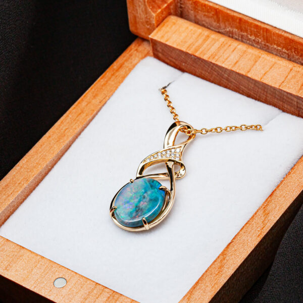 Diamond and Australian Semi-Black Opal Necklace in Yellow Gold by World Treasure Designs