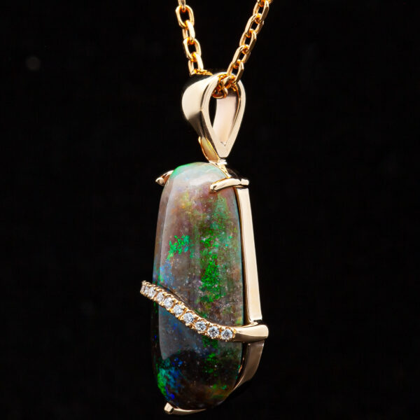 Green Australian Crystal Matrix Opal Necklace with Diamonds in Yellow Gold by World Treasure Designs