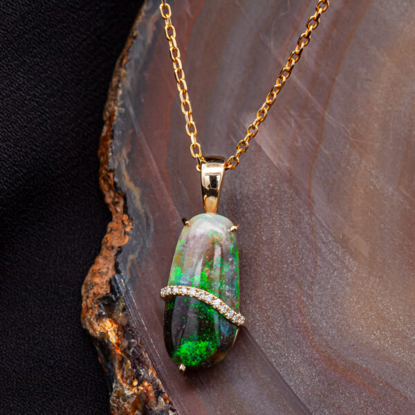 Green Australian Crystal Opal and Diamond Necklace in Yellow Gold by World Treasure Designs