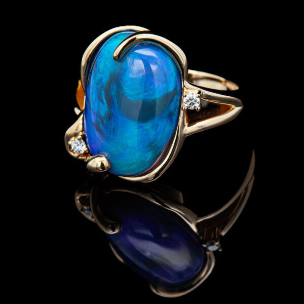 Australian Blue-Purple Crystal Opal Ring in Yellow Gold with two Diamonds by World Treasure Designs