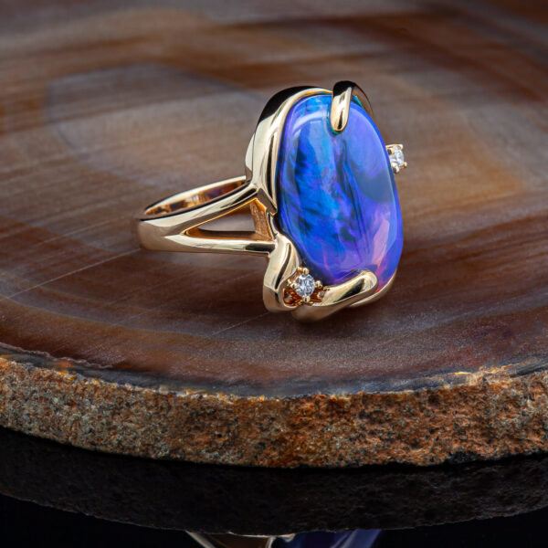 Australian Blue-Purple Crystal Opal and Diamond Ring in Yellow Gold by World Treasure Designs