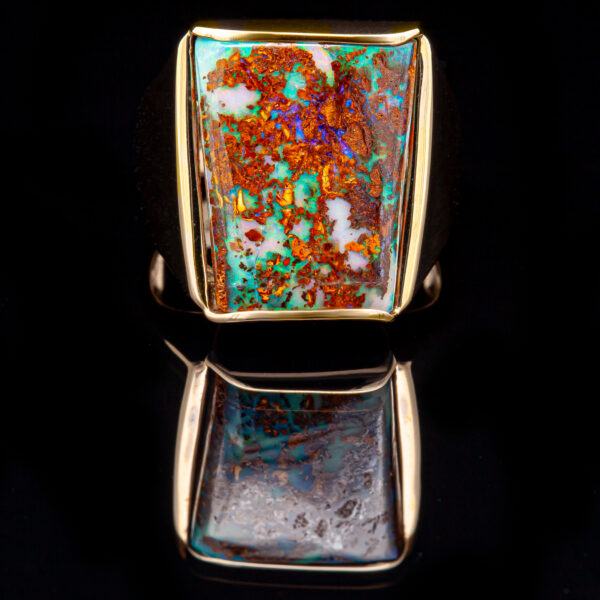 Multicoloured Australian Boulder Opal Ring Bezel Set in Yellow Gold by World Treasure Designs