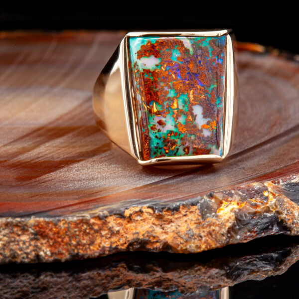 Australian Lightening Ridge Boulder Opal Ring in Yellow Gold by World Treasure Designs