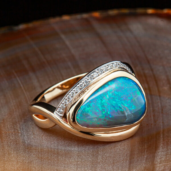 Australian Semi-Black Opal Ring with Diamonds in Yellow Gold and White Gold by World Treasure Designs