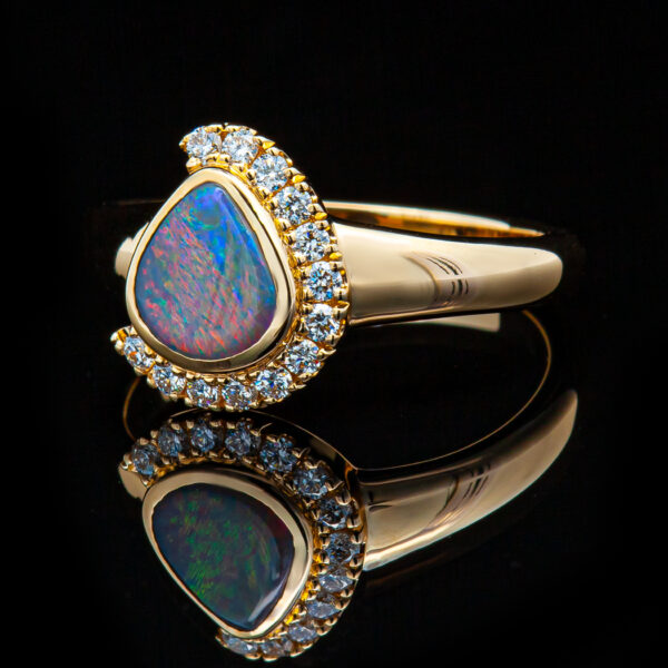 Australian Semi-Black Opal and Diamond Ring in Yellow Gold by World Treasure Designs