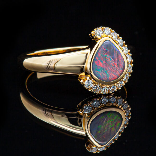 Australian Tri-Cut Semi-Black Opal Ring in Yellow Gold by World Treasure Designs