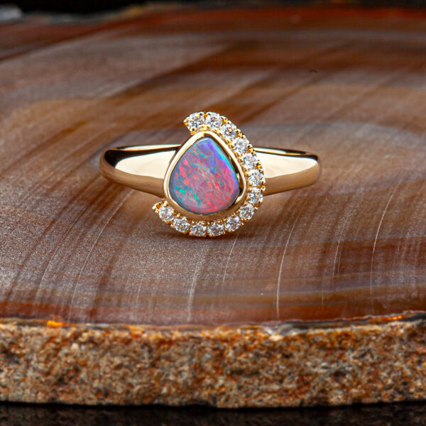 Australian Tri-Cut Semi-Black Opal Ring with Diamond Halo in Yellow Gold by World Treasure Designs