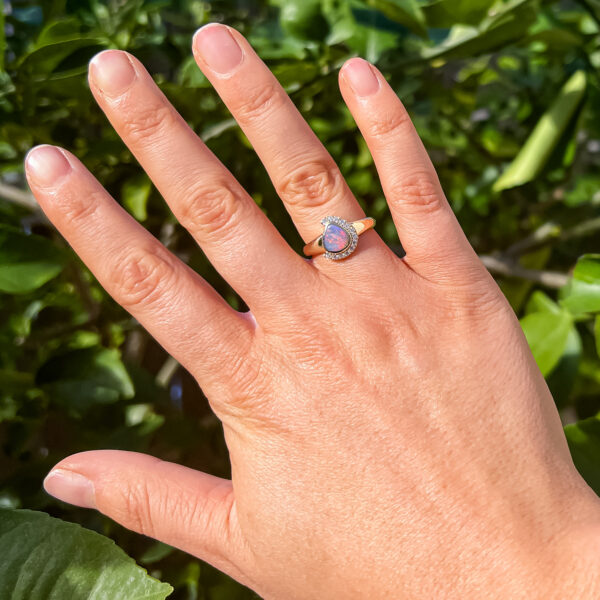 Australian Tri-Cut Semi-Black Opal Ring with Halo of Diamonds in Yellow Gold by World Treasure Designs