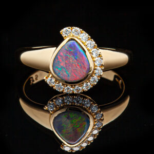 Australian Tri-Cut Semi-Black Opal and Diamond Ring in Yellow Gold by World Treasure Designs