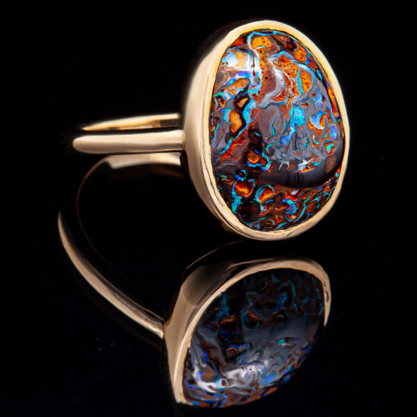 Australian Yowah Nut Boulder Matrix Opal Ring Bezel Set in Yellow Gold by World Treasure Designs