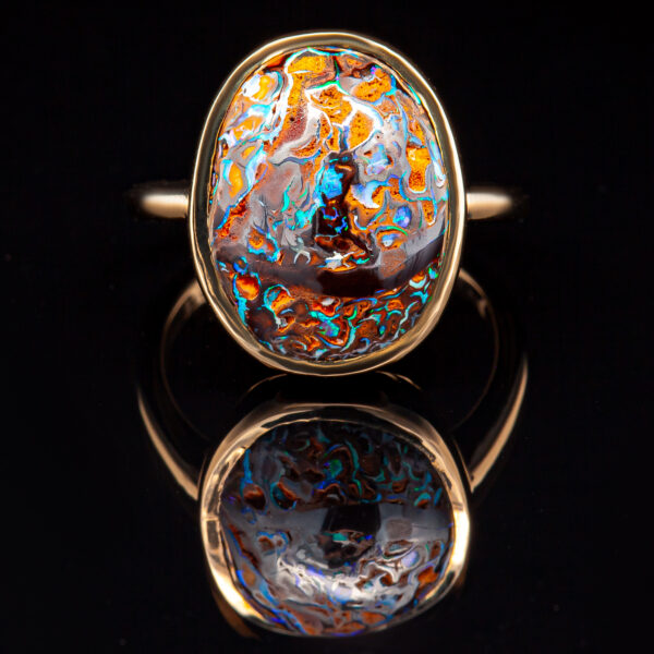 Australian Yowah Nut Matrix Boulder Opal Ring in Yellow Gold by World Treasure Designs