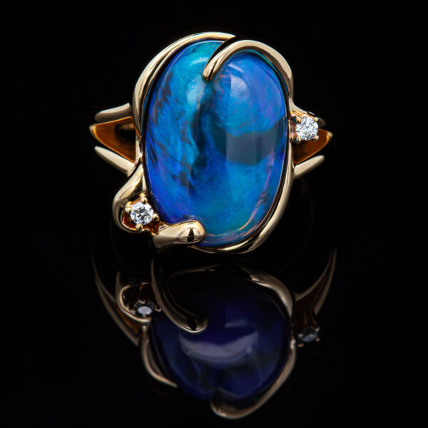 Blue-Purple Australian Crystal Opal Ring in Yellow Gold with Diamonds by World Treasure Designs