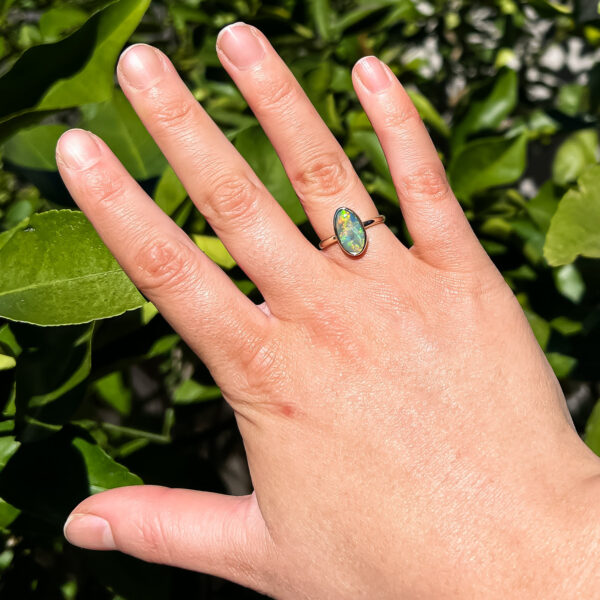 Green-Blue Australian Crystal Opal Ring Bezel Set in Yellow Gold by World Treasure Designs