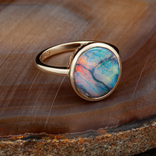 Rainbow Australian Semi-Black Opal Ring in Yellow Gold by World Treasure Designs