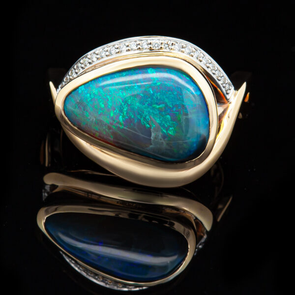 Teal Australian Semi-Black Opal Ring in White and Yellow Gold with Diamonds by World Treasure Designs