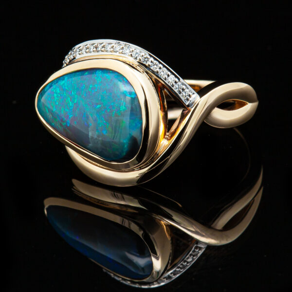 Teal Australian Semi-Black Opal and Diamond Ring in Yellow and White Gold by World Treasure Designs