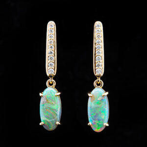 Australian Black Crystal Opal Earrings with Diamonds in Yellow Gold by World Treasure Designs