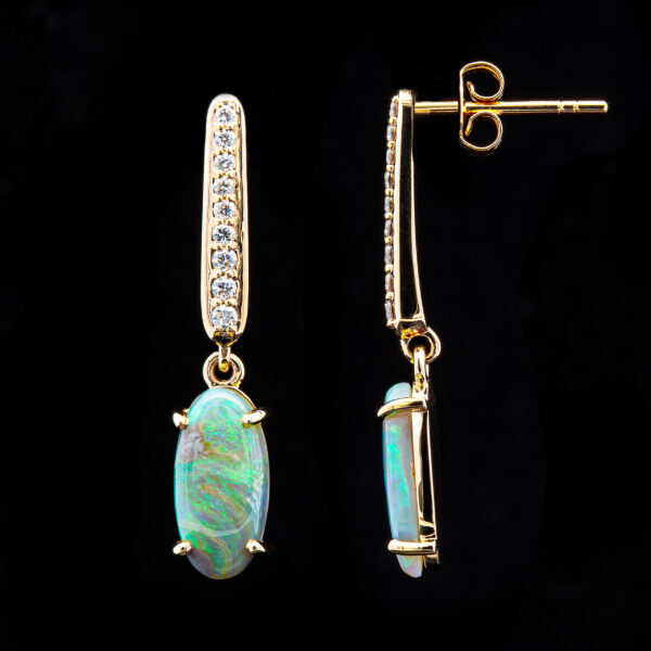 Australian Black Crystal Opal and Diamond Earrings in Yellow Gold by World Treasure Designs