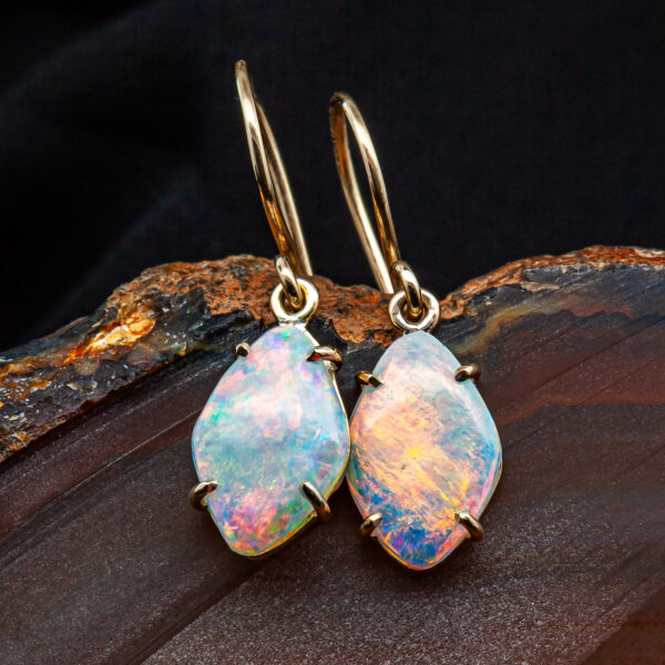 Rhombus Australian Crystal Opal Earrings Set in Yellow Gold by World Treasure Designs