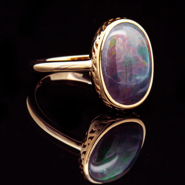 Australian Semi-Black Crystal Opal Ring with Filigree Setting in Yellow Gold by World Treasure Designs