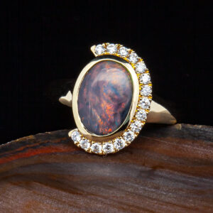 Australian Semi-Black Opal Ring with Half Diamond Halo in Yellow Gold by World Treasure Designs