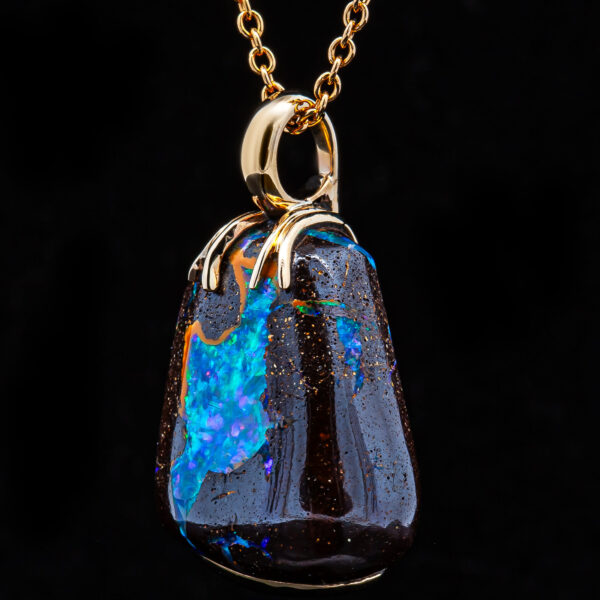 Blue Australian Boulder Opal Necklace in Yellow Gold by World Treasure Designs