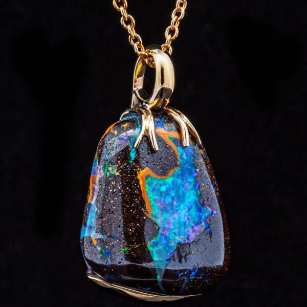 Blue-Green Australian Boulder Opal Necklace in Yellow Gold by World Treasure Designs