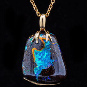 Blue- Green Australian Boulder Opal Necklace in Yellow Gold by World Treasure Designs