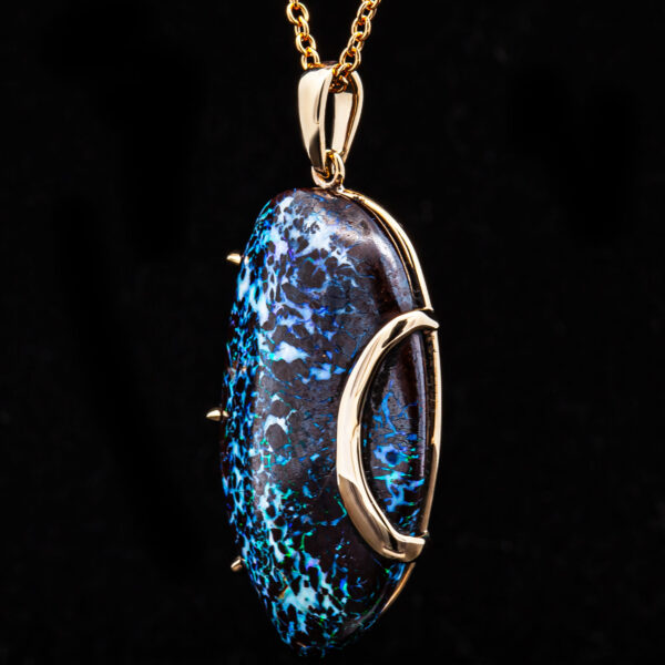 Blue-Green-Purple Australian Yowah Boulder Opal Necklace in Yellow Gold by World Treasure Designs