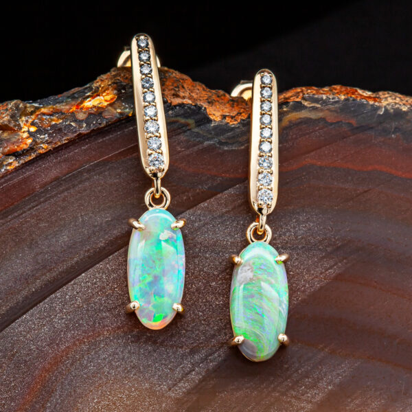 Diamond and Australian Black Crystal Opal Earrings in Yellow Gold by World Treasure Designs